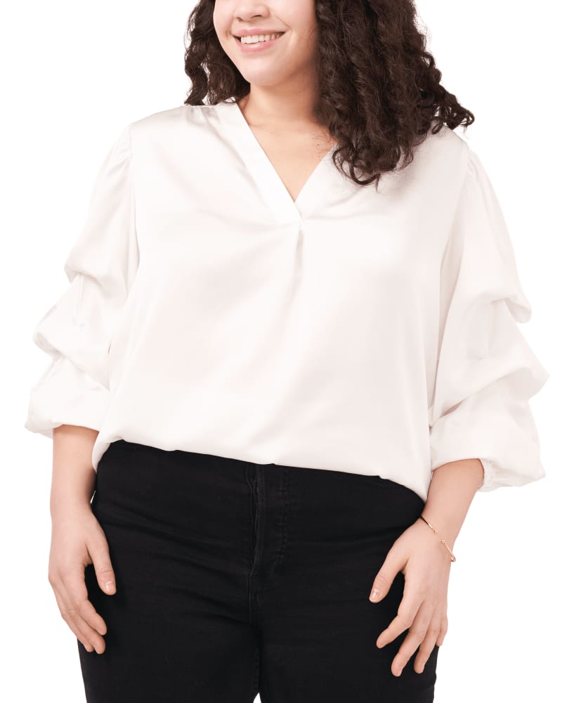 Front of a model wearing a size 1X Willow Bubble Sleeve Satin Blouse in NEW IVORY by Vince Camuto. | dia_product_style_image_id:261867